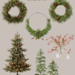 A promotional image for the Hearth and Hand with Magnolia Target Christmas Collection. It showcases various holiday decorations, including wreaths, a garland, a Christmas tree adorned with lights, potted evergreens, and festive arrangements with red berries in jars, all against a beige background.