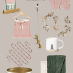 Promotional image featuring Hearth and Hand with Magnolia Target Christmas Collection. Items include: stockings, a decorative tree, a striped apron, bell garland, wreath, candy cane decorations, a mug, green knitted blanket, white blanket, and a metallic pet bowl.