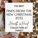 A woman in a white blouse stands in front of a decorated Christmas tree with lights. Overlaid text reads, "The Best Finds from the New Hearth and Hand with Magnolia Target Christmas Collection." Below, it says, "christeneholderhome.com.