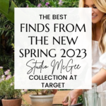 A promotional image showcases the new Spring 2023 Studio McGee Target collection. The text reads, "The Best Finds from the New Spring 2023 Studio McGee Collection at Target." Below, a woman is seen gardening with several potted plants on a table.