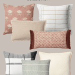 A collage showcasing six decorative pillows from the Studio McGee Target Spring Collection, featuring a variety of textures and patterns such as florals, checks, plaid, and solid colors in neutral and pastel tones. Text reads "Christene Holder Home.