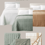 Collage of bedding items from the Studio McGee Target Spring Collection. Includes a white quilt set, a sage green textured blanket, a mustard-colored quilt set, a plaid cream and tan throw, and a green waffle-knit throw with fringe. Text reads "Christene Holder Home.