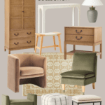 A collage featuring various pieces from the Studio McGee Target Spring Collection, including a wooden cabinet, a white console table, a table lamp, a wooden nightstand, a beige armchair, a green armchair, a patterned rug, and more.