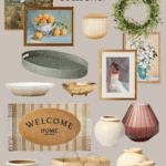 A collage of home decor items from Studio McGee's Target Spring Collection, showcasing framed art, vases, bowls, a welcome mat, a basket, and a wreath. With a beige background and the text "Studio McGee Target Spring Collection" emblazoned at the top.