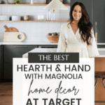 A woman stands in a modern kitchen with dark cabinets and white backsplash. Above her is text: "The best Hearth and Hand Magnolia home decor at Target new 2024." At the bottom is a website link: "christeneholderhome.com.”