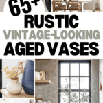 Collage of various aged stone vases and home decor settings. Text on image reads "65+ Rustic Vintage-Looking Aged Vases" with a website link at the bottom: www.christeneholderhome.com. The vases are in neutral tones, adding a vintage charm to the spaces.