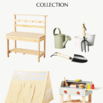 An advertisement for the "Hearth & Hand with Magnolia" Target summer collection. The ad features images of a wooden bench, a green watering can, garden tools with a white bucket, a yellow and white striped tent, and a child's wooden grill set. Text at the bottom reads "Christene Holder Home.