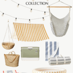 A promotional image for the Hearth and Hand with Magnolia Target Summer Collection. It features a striped hammock, string lights, a striped beach towel, a woven basket, a green cooler, a woven tote bag, striped throw blankets, yard games, and a striped inflatable pool.