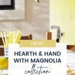 A display of lemonade in a large beverage dispenser with yellow striped straws next to it. The image promotes the new Hearth and Hand with Magnolia Target Summer Collection available at christeneholderhome.com. The background features a white brick wall and a plant.