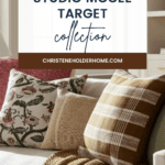 A cozy living room setting features a sofa adorned with decorative throw pillows in autumnal colors and patterns. A sign above reads "Studio McGee Target Fall Collection," and a banner at the bottom of the image says "christeneholderhome.com.