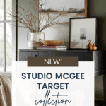 A cozy living room with warm, neutral decor, featuring a black console table adorned with vases, a bowl, and framed artwork. The text overlay reads: "NEW! Studio McGee Target Fall Collection," and a website, christeneholderhome.com, is mentioned at the bottom.