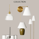 Graphic titled "Studio McGee Target Fall Collection" showcases home lighting fixtures, including a brass pendant light, a gold wall sconce with a white shade, a table lamp with a green base and white shade, standing gold lamp, and black chandelier.