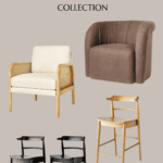 A promotional image of the Studio McGee Target Fall Collection showcases an array of stylish chairs. From top to bottom: a brown upholstered armchair, a rattan chair with white cushions, a wooden counter stool with a backrest, and two sleek black chairs. Text reads: "Studio McGee Target Fall Collection.”