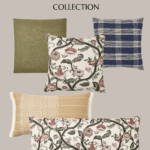 A promotional image showcasing five pillows from the Studio McGee Target Fall Collection features varying designs, including plain olive, blue plaid, beige with a yellow pattern, and two with floral prints. The text "Studio McGee Target Fall Collection" is prominently displayed at the top.