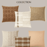 An image featuring six different decorative pillows from the Studio McGee Target Fall Collection. The pillows vary in texture and design, with patterns including plaid, checks, and solid colors in shades of brown, beige, and cream. Text reads "Studio McGee Target Fall Collection Christene Holder Home.