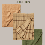 Three folded decorative blankets displayed on a beige background, labeled "Studio McGee Target Fall Collection" at the top and "Christene Holder Home" at the bottom. The cozy patterns include beige, plaid, and green, epitomizing autumn elegance.