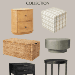 A promotional image for Studio McGee's Target Fall Collection features a tan cylindrical nightstand, a plaid ottoman, a wicker storage box, a gray round coffee table, a black nightstand with a drawer, and a black round side table with a lower circular shelf.