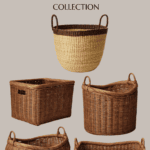 A promotional image for the Studio McGee Target Fall Collection featuring five woven baskets of various shapes and sizes. The text at the top reads "STUDIO MCGEE target fall COLLECTION" and at the bottom, it reads "Christene Holder Home." The background is neutral.