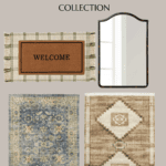 A promotional collage showcasing the Studio McGee Target Fall Collection. The image features a welcome doormat, a rectangular mirror with a rounded top, a blue and beige patterned rug, and a beige rug with geometric designs. Text reads "STUDIO MCGEE target FALL COLLECTION" and "Christene Holder Home.