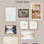 A collection of framed artwork titled "Studio McGee Target Fall Collection." The display includes various abstract and landscape pieces, featuring both minimalist and detailed designs. Highlights are a horse silhouette and abstract shapes in muted tones, capturing the essence of modern elegance.