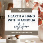 A kitchen counter displays various items, including a mortar and pestle, a bowl of salt, and utensils in a wooden holder. The image is overlaid with text that says, "NEW! Hearth & Hand with Magnolia Target Fall Collection" along with "christeneholderhome.com" at the bottom.