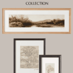 Promotional image for the "Hearth and Hand with Magnolia Target Fall Collection" showcasing three framed artworks. The top frame features a landscape, the middle frame displays a large tree, and the bottom frame shows a smaller tree. The text credits "Christene Holder Home.