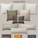 A display of pillows and blankets from the Hearth and Hand with Magnolia Target Fall Collection. The image showcases a variety of neutral and autumn-toned pillows and throws, including textures like knits and plaids, arranged against a light beige background.