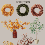 Promotional image for the Hearth and Hand with Magnolia Target Fall Collection featuring three autumn wreaths in yellow, green, and brown. Below them are five fall-themed potted plants and arrangements in various vases. Text at the bottom reads "Christene Holder Home.