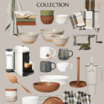 A promotional collage featuring the Hearth & Hand with Magnolia Target Fall Collection. The image displays various kitchen and home items, including bowls, mugs, utensils, a coffee maker, an apron, and textiles, all in neutral and earthy tones.