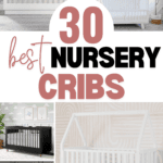 A collage image showcasing six different styles of cribs with the text "30 Best Nursery Cribs" in large, bold letters in the center. The background cribs vary in color and design, including traditional, modern, and minimalist styles. At the bottom is the website link "www.christeneholderhome.com".