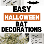 A Halloween-themed collage features DIY Halloween Bat Decor, with paper bats adorning a wall, a dining table with a plant centerpiece, and chalkboard-style bat templates. The prominent text reads "Easy Halloween Bat Decorations," accompanied by a website link at the bottom: www.christeneholderhome.com.