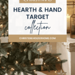 A beautifully decorated Christmas tree with white and silver ornaments and twinkling lights stands next to a candle lantern placed on a table. Overlay text reads, "Hearth & Hand with Magnolia Target Christmas Collection" with "christeneholderhome.com" at the bottom.