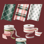 A promotional flyer for the Hearth and Hand with Magnolia Target Christmas Collection. The image showcases five different decorative ribbon designs, which include various plaid patterns, Christmas trees, and festive colors such as green, red, and white. Text reads "Holiday 2023 Collection Christene Holder Home".