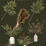 A promotional image for the Hearth and Hand with Magnolia Target Christmas Collection, featuring various Christmas greenery arrangements in white vases on a dark green background. Some sprigs are displayed individually, and "Holiday 2023" with a tree graphic appears at the bottom right.