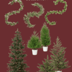 Promotional image featuring the Hearth and Hand with Magnolia Target Christmas Collection. The image showcases various holiday decorations, including wreaths, garlands, Christmas trees of different sizes in white pots, and decorative greenery. Text: "HEARTH & HAND target christmas COLLECTION, Holiday 2023.