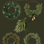 Image displaying five Christmas wreaths from the Hearth and Hand with Magnolia Target Christmas Collection against a dark green background. Wreaths are adorned with various decorations like pinecones, berries, bells, and greenery labeled “Holiday 2023” and “Christene Holder Home.”