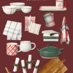 A collection of Hearth and Hand with Magnolia Christmas-themed kitchen items from Target, including bowls, a tray, mugs, dish towels, napkins, a Dutch oven, a cutting board, a rolling pin, and holiday stamps. The maroon background showcases the text "Hearth & Hand with Magnolia Target Christmas Collection.