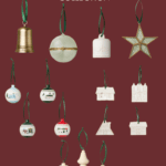 Discover the Hearth and Hand with Magnolia Target Christmas Collection featuring a stunning array of ornaments. Choose from bells, round baubles, stars, houses, trees, and teardrop shapes in elegant white or gold with green hanging ribbons, all set against a rich dark red background.