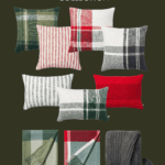 A display of the Hearth and Hand with Magnolia Target Christmas Collection, featuring various plaid and striped pillows and cozy blankets in green, red, grey, and white colors. The text includes "HEARTH & HAND target christmas COLLECTION." "Christene Holder Home" and "Holiday 2023.