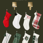 A holiday advertisement showcasing various Christmas stockings from the Hearth and Hand with Magnolia Target Christmas Collection. The stockings are in red, white, and green, with diverse patterns such as plaid, stripes, and solid designs, all hanging against a dark green background.