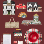 A festive promotional image showcasing the Hearth and Hand with Magnolia Target Christmas Collection. Featured items include toy houses, a red toy truck, a beige duffel bag, colorful kids toys, a plaid throw blanket, red tabletop items, and holiday-themed decor.