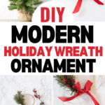 Discover a DIY guide perfect for the 25 Days of Christmas Crafts series: create a modern holiday wreath ornament. Follow step-by-step instructions with images featuring a small Christmas tree, festive wreath adorned with red ribbon, and materials like greenery and berries on marble.