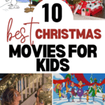 Collage showcasing Christmas magic: cartoon characters decorating a tree, a large Christmas tree with gifts, a child trimming a tiny tree, and a jolly snowman in a winter wonderland. Text reads: "10 Best Christmas Movies for 4 Year Olds.