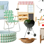 Discover the Hearth and Hand with Magnolia Target Summer Collection, featuring outdoor essentials like a lawn chair, grill, croquet set, string lights, outdoor pillows, blanket, kids' play store, paddling pool, travel mug, wooden beverage dispensers, and a wooden bowl—all beautifully arranged on a white background.