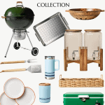 A poster for the Hearth and Hand with Magnolia Target Summer Collection featuring a grilling kettle, grill tools, a grater, a wooden bowl, beverage dispensers on a wooden stand, a cooler, ceramic dishes, a metal tumbler, and glass tumblers with green rims.