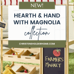 Image of a children's farmer's market stand with a striped red and white awning. The stand features shelves with wooden bins for produce and a blackboard sign reading "Farmer's Market." The text on the image announces "New! Hearth & Hand with Magnolia Target Summer Collection.