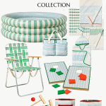 A promotional image for the Hearth & Hand with Magnolia Target Summer Collection. Featured items include a green and white striped inflatable pool, an outdoor chair, a tote bag, towels, storage bins, a croquet set, and a cornhole game board set—all perfect for your seasonal gatherings.