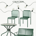 Image featuring outdoor furniture from the Hearth and Hand with Magnolia Target Summer Collection. It includes two green metal chairs, a green metal bench, and a round green metal table. String lights with bulbs are displayed at the top. The text reads "HEARTH & HAND target summer COLLECTION.