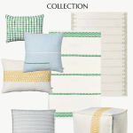 An advertisement for the Hearth and Hand with Magnolia Target Summer Collection featuring various home decor items. The image includes a selection of patterned pillows and rugs in shades of green, blue, yellow, and white. The items are arranged against a plain background.