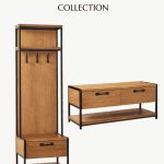 Promotional image for the Hearth and Hand with Magnolia Target Summer Collection. Features two pieces of furniture: a tall hall tree with hooks and a lower compartment, and a matching low console table with two drawers. Text includes "Hearth & Hand," "Target Summer Collection," and "Christene Holder Home.